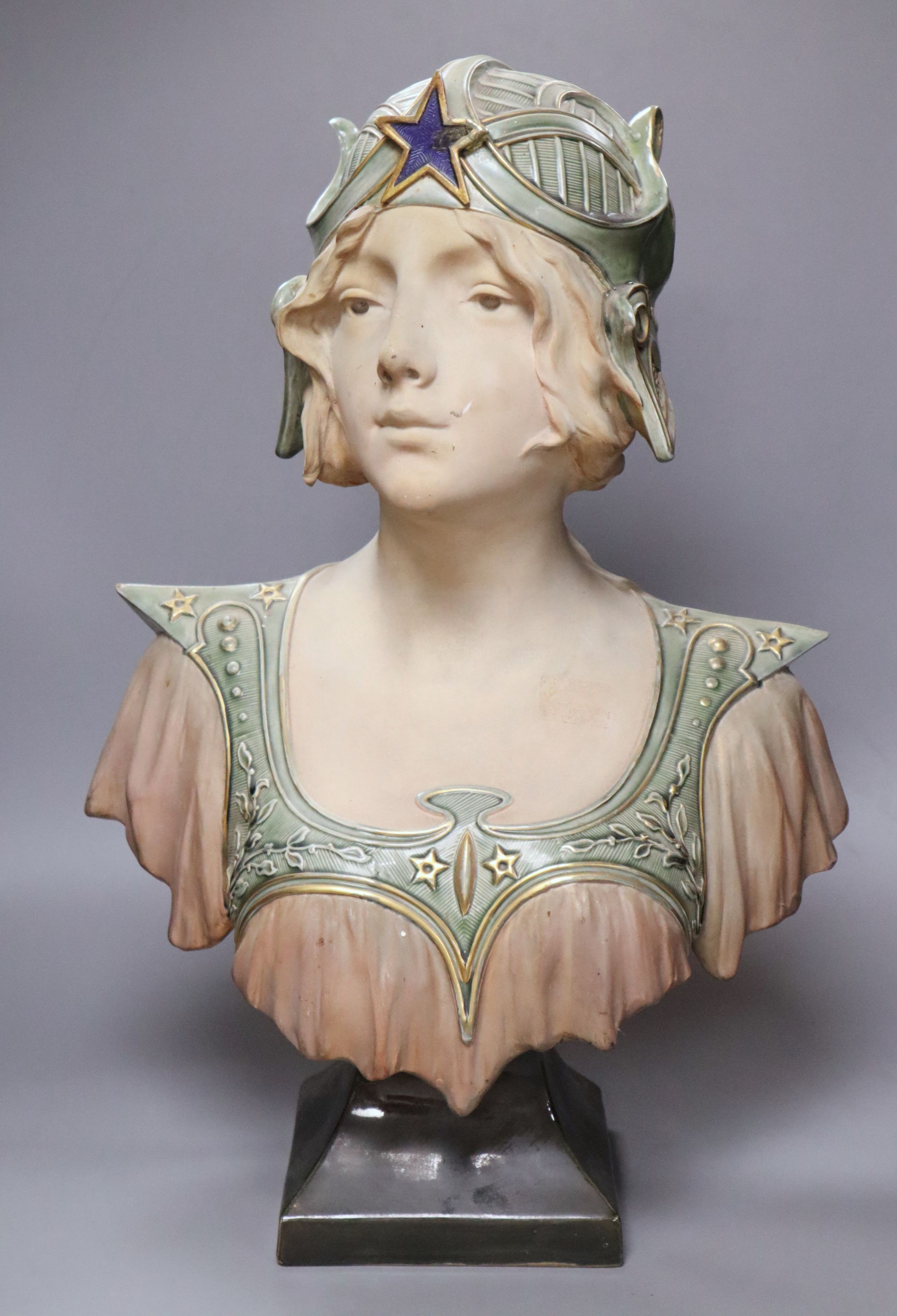 A pottery bust of a lady signed Jacobs, height 53cm